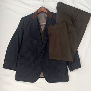Tom James RC 3 piece suit wool blend blue brown 48R pants 40 x 30